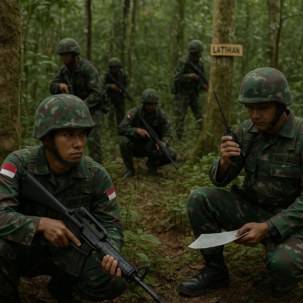 Pasukan TNI AD Berlatih Teknik Bertahan di Lingkungan Hutan