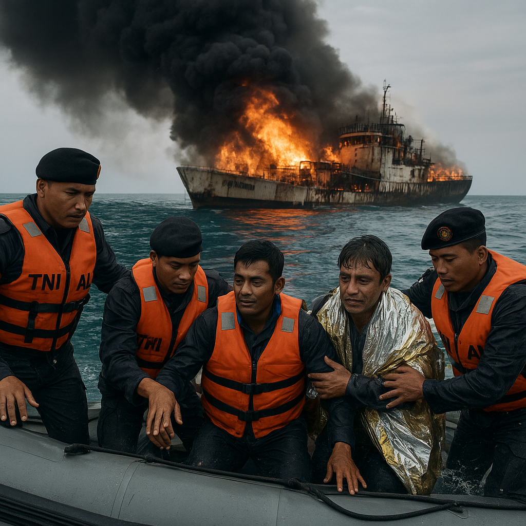 TNI AL Selamatkan 18 ABK KM Rinjani yang Kebakaran di Selat Bangka