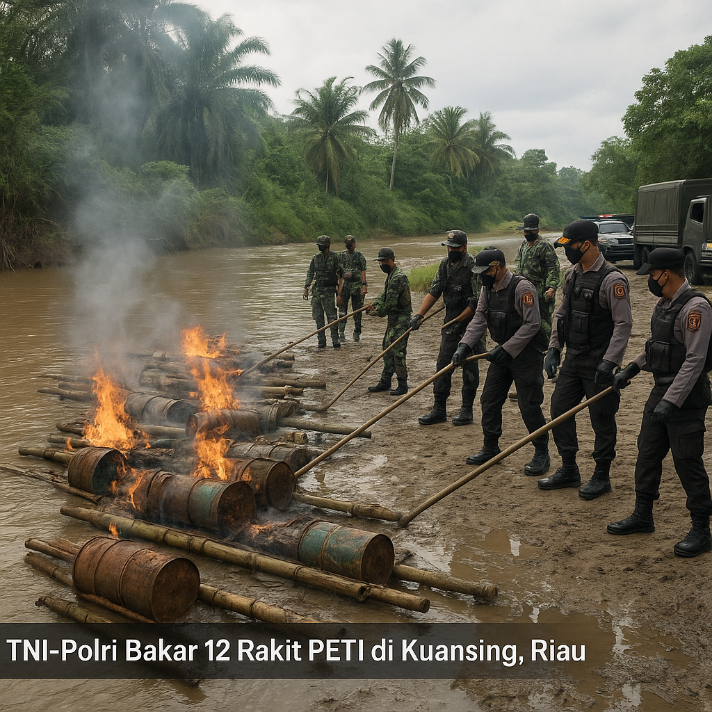 TNI-Polri Bakar 12 Rakit PETI di Kuansing Riau