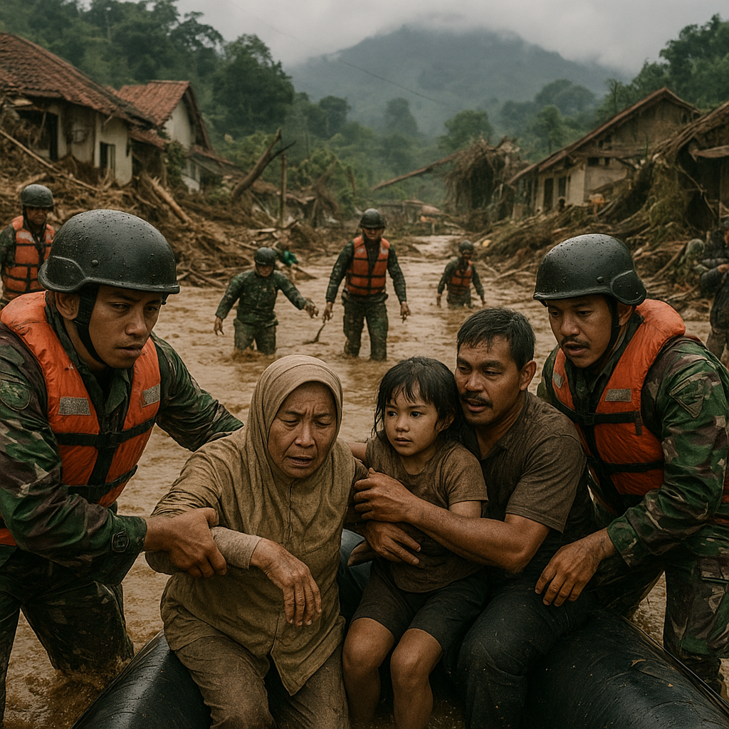 Prajurit TNI AD Bantu Evakuasi Korban Banjir Bandang di Puncak, Jawa Barat