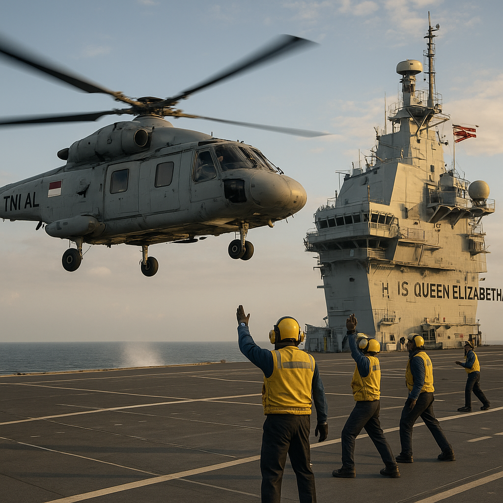 Helikopter TNI AL Latihan Pendaratan di Dek Kapal Induk Inggris HMS Queen Elizabeth di Selat Sunda